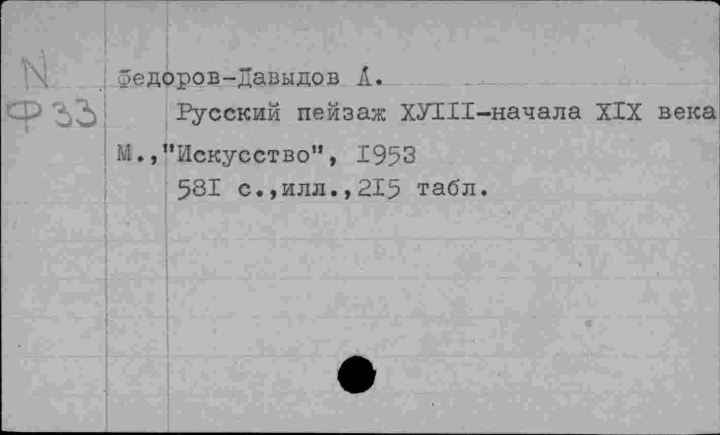 ﻿©едоров-Давыдов Л.
Русский пейзаж ХУШ-начала XIX века М./’Искусство”, 1953
581 с.,илл.,215 табл.